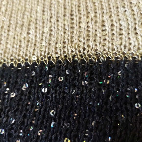 I.C.U. Women's Sequin Striped Pull Over Size L Open Knit Sweater Gold Black - Picture 12 of 14